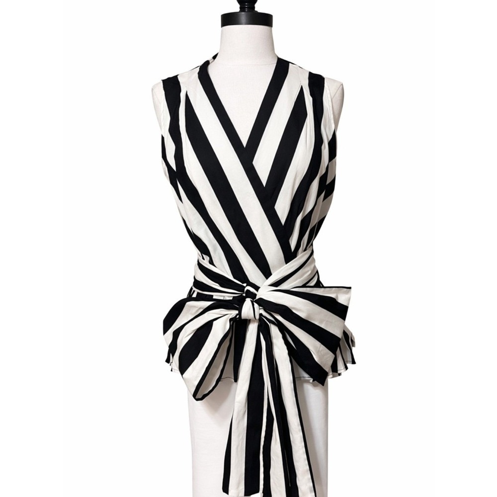 Marella Wrap Blouse Womens 10 Black Ivory Stripe Peplum Bow Cotton Stretch